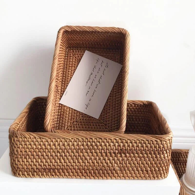 Cesto Organizador de Palha Rattan Feito à Mão para Decoração Natural