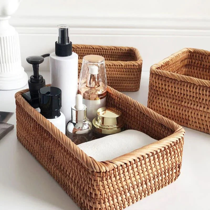 Cesto Organizador de Palha Rattan Feito à Mão para Decoração Natural