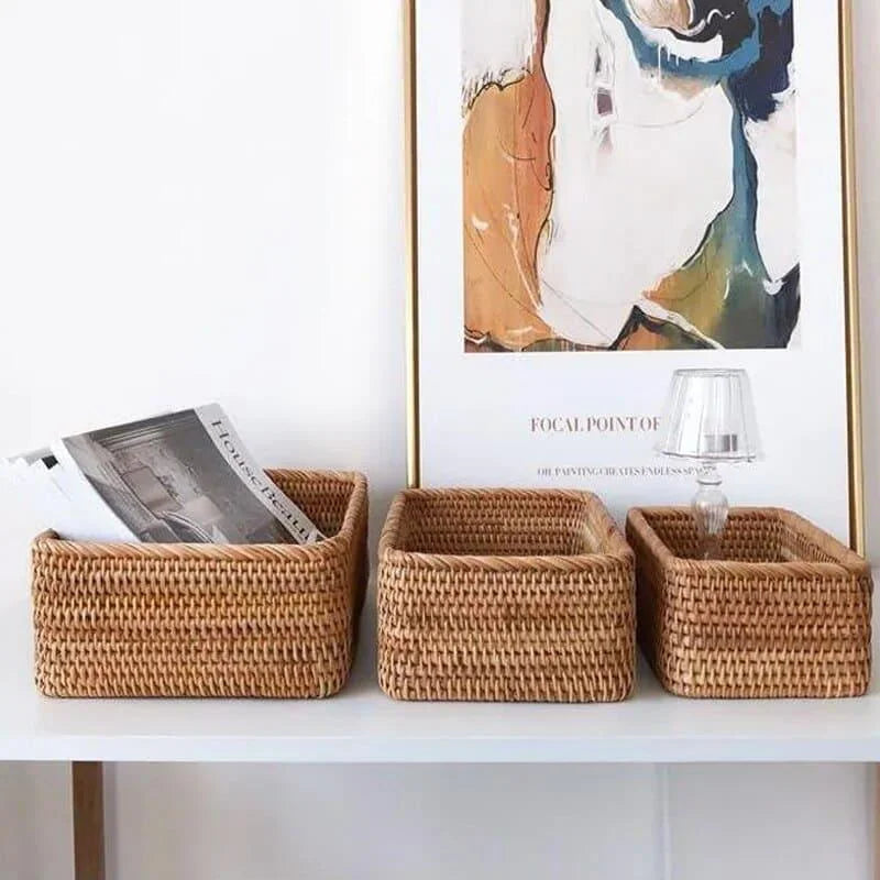 Cesto Organizador de Palha Rattan Feito à Mão para Decoração Natural