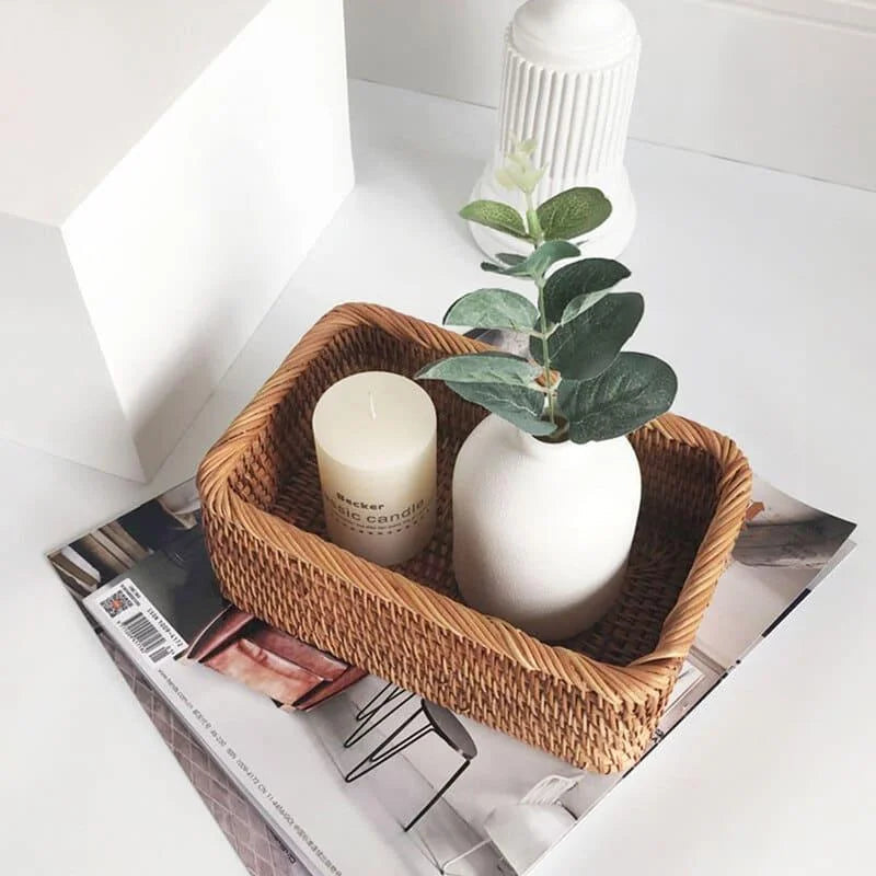 Cesto Organizador de Palha Rattan Feito à Mão para Decoração Natural