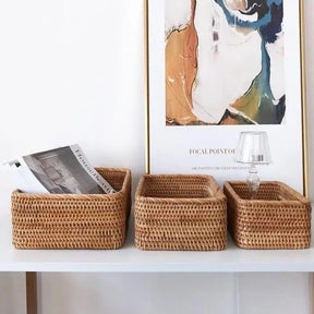 Cesto Organizador de Palha Rattan Feito à Mão para Decoração Natural