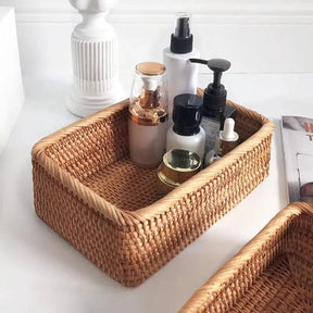 Cesto Organizador de Palha Rattan Feito à Mão para Decoração Natural