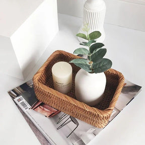 Cesto Organizador de Palha Rattan Feito à Mão para Decoração Natural