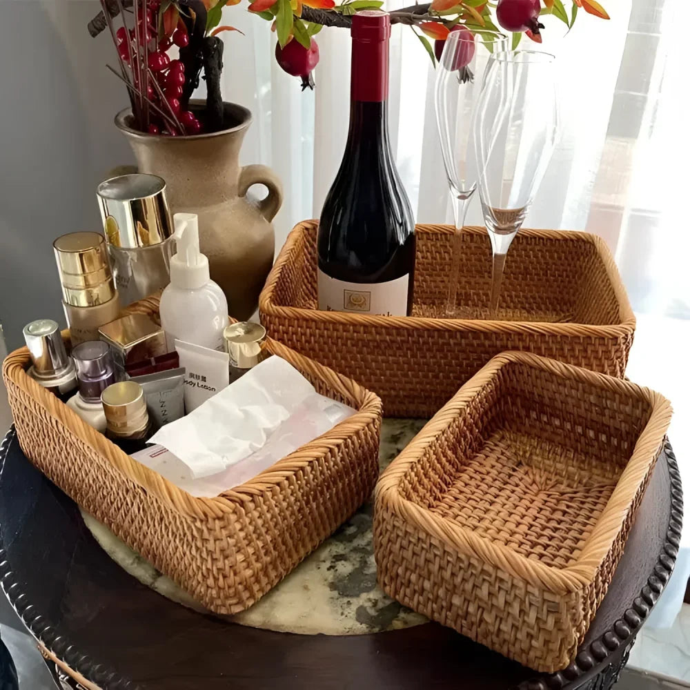 Cesto Organizador de Palha Rattan Feito à Mão para Decoração Natural