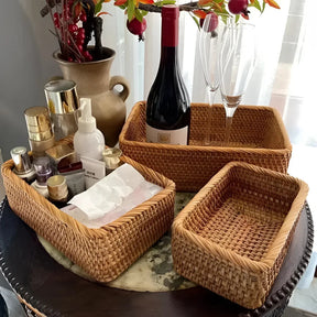 Cesto Organizador de Palha Rattan Feito à Mão para Decoração Natural